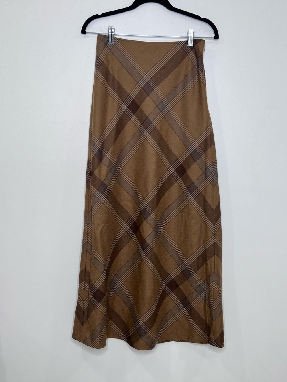 Ralph Lauren 100% Wool Plaid Midi Skirt Brown Tan Bias Cut Heritage Size 0 - Picture 2 of 4